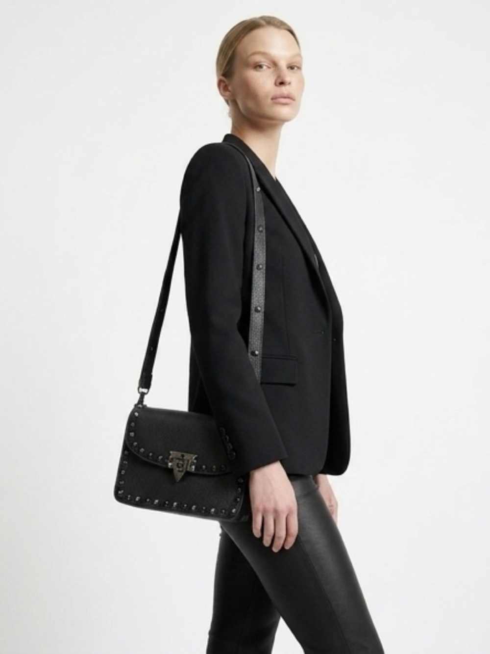 Black Studded Leather Crossbody Bag - Unbranded